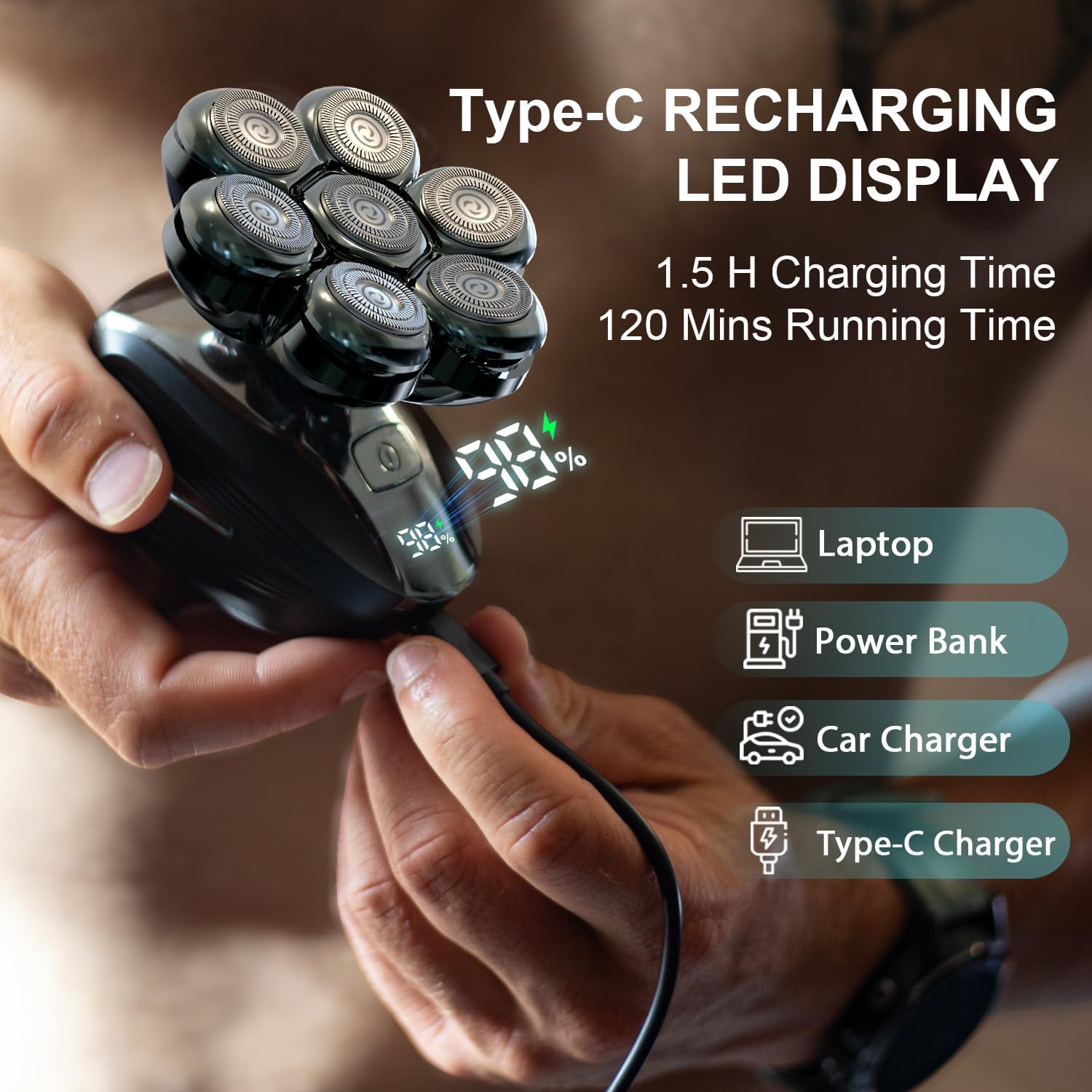 7D Electric Bald Head Shaver for Men | 5-in-1 Multifunctional Grooming Kit with LED Display, Type-C Fast Charging & IPX7 Waterproof Design